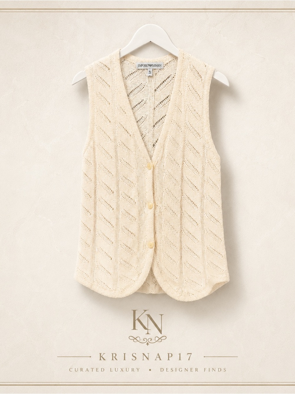 Armani Vintage Cream Open-Knit Button Front Sweater Vest - Picture 3 of 13